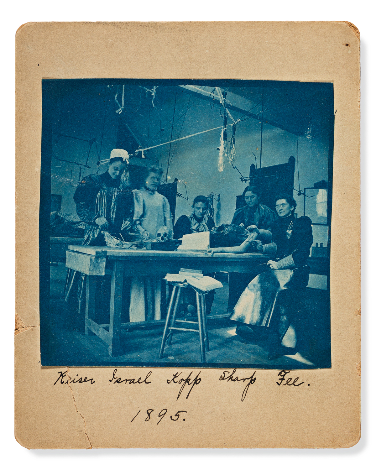Womans Medical College of Pennsylvania. Cyanotype of Anatomy Class with Students and Cadaver.